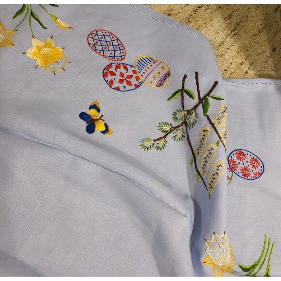 Linen 33x34" Tablecloth Handmade Ukraine Eggs Butterfly Flowers Blue Colorful - Picture 8 of 13